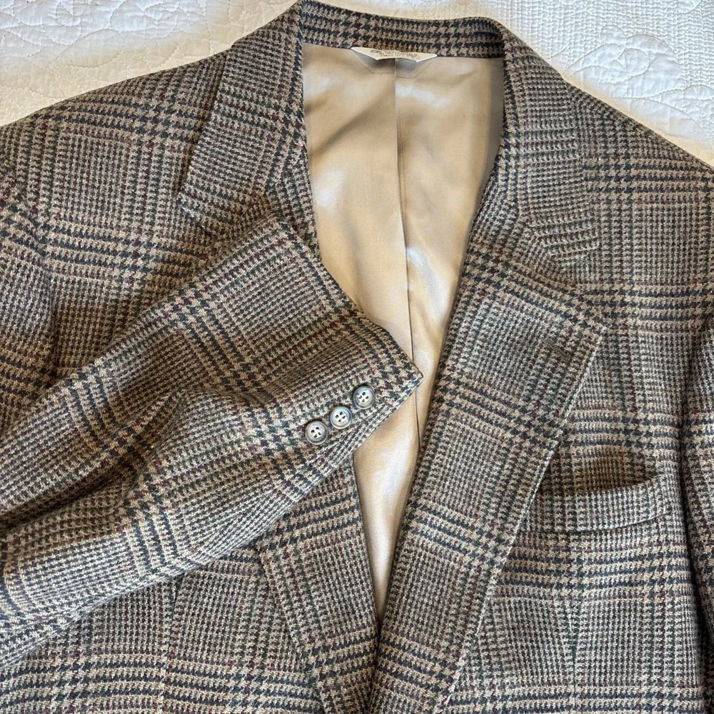 VTG Houndstooth Sport Coat Pure Wool Plaid 2 Button Brown Green‎ Preppy SZ 46L